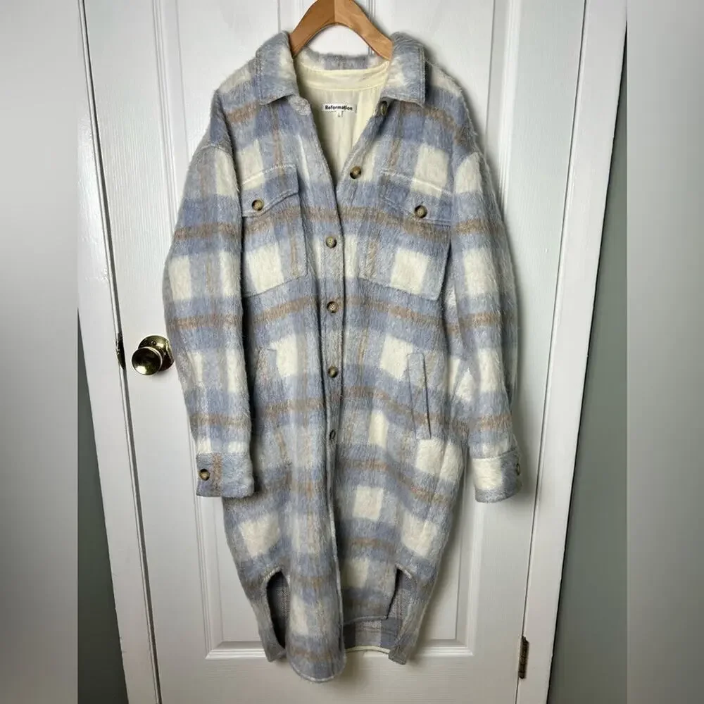 Reformation Ainslie Button Up Flannel Oversized Jacket Light Blue White Plaid L - Picture 2 of 12